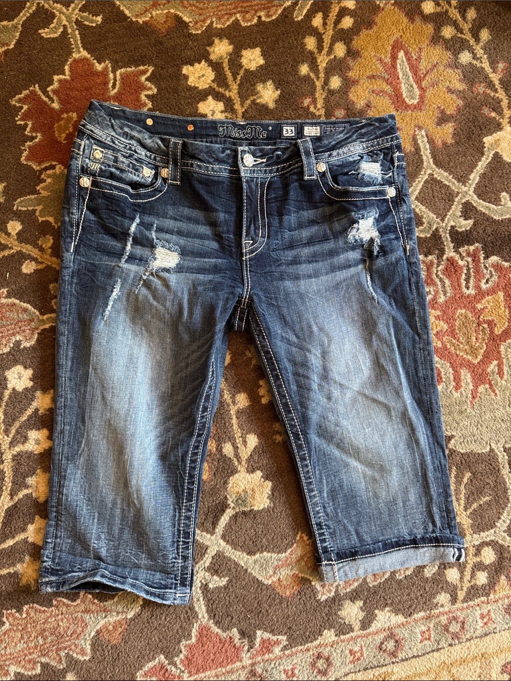 Miss Me Dark Blue Distressed Cropped Denim Jeans 33